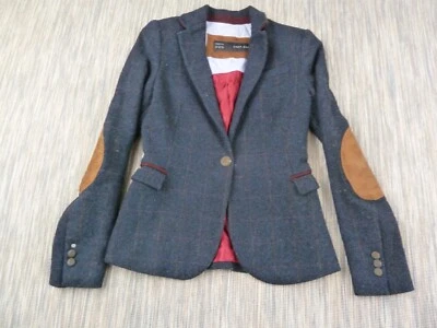 Zara Jacket Womens Extra Small Tweed Riding Stable Girl Arm Patches Lambs Wool - Image 1 of 4