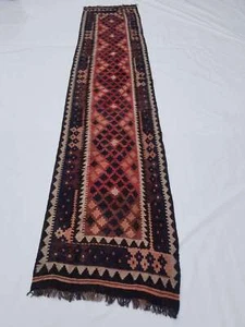 Vintage Traditionell Handgefertigt Orientalisch Wolle Braun Kelim Lang Läufer 380x75cm - Bild 1 von 12