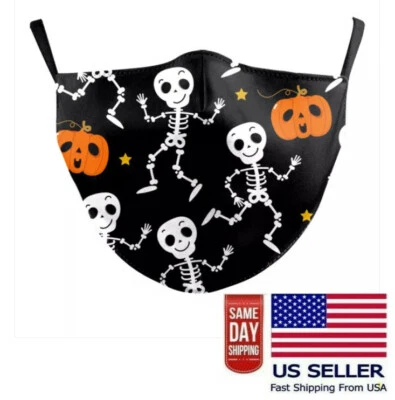 Skeleton & Pumpkin Halloween 3D Print Face Mask Adjustable US Seller Fast Ship  - Image 1 of 4