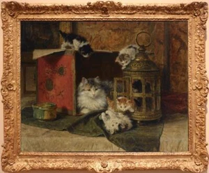 Handmade Old Master-Art Antique Oil Painting Animal cats kittens on canvas - Picture 1 of 2