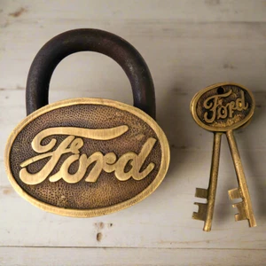Ford Logo Cast Iron Lock With Raised Lettering Antique Finish (3.5" x 3") - Picture 1 of 5