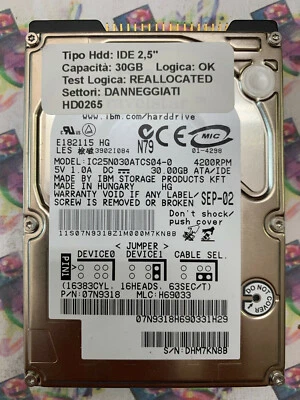 Hard Disk Usato IDE 2,5" 30GB IBM IC25N030ATCS04-0 07N9318 H69033 SEP-02 - Immagine 1 di 4
