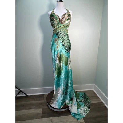 Vintage Jovani Beaded Dress Womens 4 Blue Green Multi Mermaid Train Y2K - Image 1 of 4