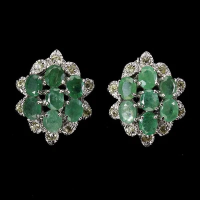 925 Sterling Silver Earrings Oval Emerald Sapphire Natural Gemstone Jewelry - Image 1 of 4