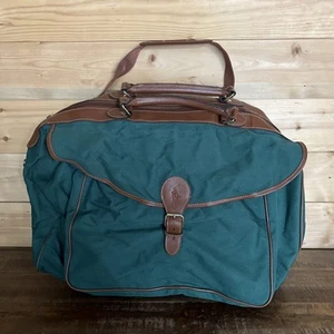 Ralph Lauren Polo Duffle Bag Weekend Green Brown Trim Canvas Logo Strap Vintage - Picture 1 of 5