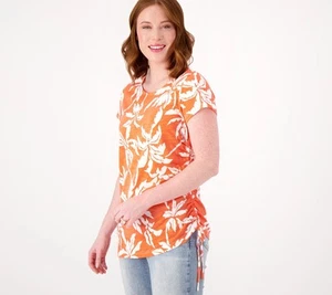 Belle by Kim Gravel Slub Knit Side Ruched Shirt Graphic Palm 3X New - Picture 1 of 1