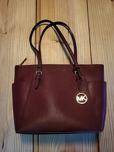 MICHAEL KORS CHARLOTTE LARGE TOP ZIP SAFFIANO LEATHER TOTE BAG DARK CHERRY - Picture 1 of 19