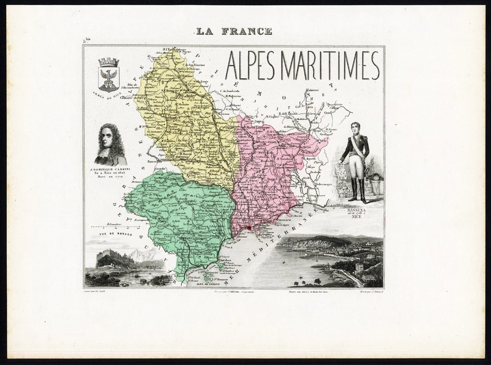 Impresión antigua-ALPES MARÍTIMOS-BONITO-MÓNACO-CASSINI-FRANCIA-Vuillemin-Migeon-1878 Foto 1 de 1