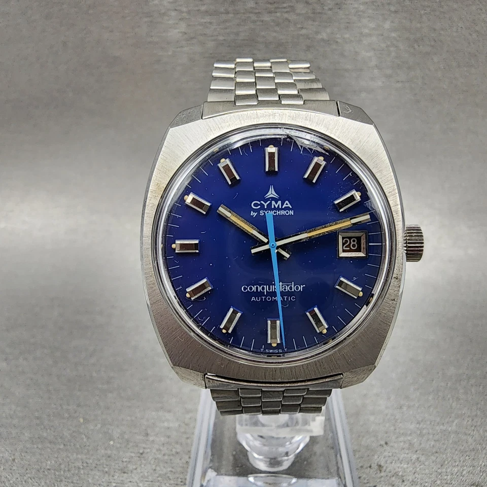 Reloj Automático Cyma Conquistador Hombre 34mm Esfera Azul Acero Fecha Redondo Funciona Foto 1 de 4