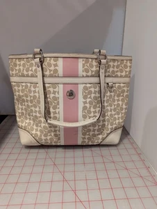 COACH Heritage Signature Stripe Pink Ivory Tote Shoulder Handbag Purse F15137 - Picture 1 of 4