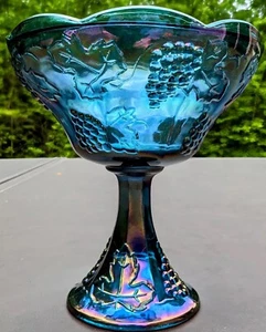 Vtg Indiana Harvest Grape Blue Carnival Glass Iridescent Compote Dish - Picture 1 of 4