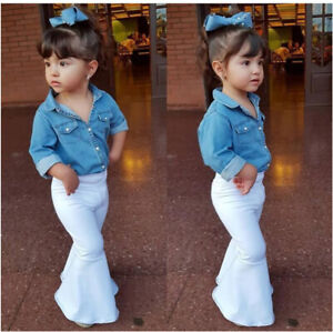 Toddler Kids Baby Girl Jean Blouses + White Flare Trousers Outfit Fit 1-5Years 
