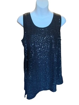 Camiseta sin mangas Eileen Fisher M negra dobladillo Asym completamente con lentejuelas 100 % seda Foto 1 de 4