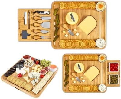 Tabla de cortar queso bambú cuchillos set de regalo charcutería de madera bandeja de madera Foto 1 de 4