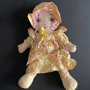 70S vintage rag doll with pink hair and yellow outfit 30cm - Picture 1 of 6