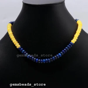 925 Sterling Silver Lapis Lazuli+Yellow Aventurine Gemstone 8-9MM Necklace 18" - Picture 1 of 10
