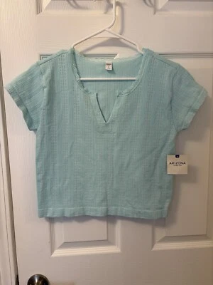 Arizona Jean Co V Neck Cropped Tee Top Lace Trim Collar Clearwater Blue Sz XL - Image 1 of 4