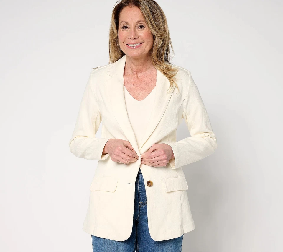 Isaac Mizrahi Live! Knit Denim Classic Slimming Blazer Cream M New - Image 1 of 1