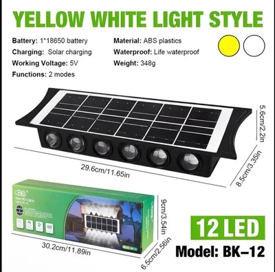 2pcs Outdoor Solar Light 12 LEDs Wall Light, White with Warm Yellow Light - Image 1 of 4