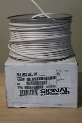 Cable coaxial 500 ft 18 RG6 doble escudo CU CATV CM/CL2 EE. UU. Coleman color-blanco Foto 1 de 3