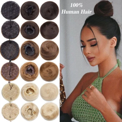 Pieza de moño desordenado humano real clip en envoltura crujiente extensiones de cabello cubierta cola de caballo Foto 1 de 4