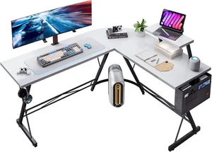 L-Form Gaming Schreibtisch 147x120cm – Schwarz/Weiß mit Monitorablage - Bild 1 von 6