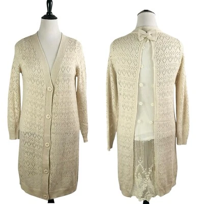 POL Long Duster CARDIGAN SWEATER M Cream Bow Floral Lace Cottagecore Coquette - Image 1 of 4