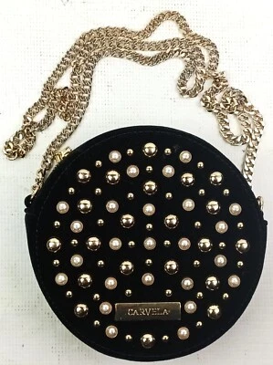 Carvela Round Purse Crossbody Bag Gold Tone Chain Strap Black Velvet? Studded - Image 1 of 4