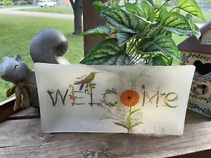 Fringe Studio”Welcome”Floral  hummingbird Glass Tray Key/accessory Dish 12 X6 - Picture 1 of 7