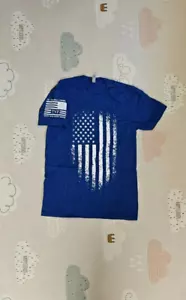 Til Valhalla Project Men's Distressed Flag T Shirt Color Blue/White Size Small - Picture 1 of 1