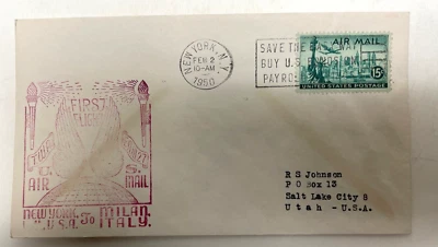 US Air Mail First Flight FAM 27 FDC Cover, New York - Milan, Italy (Feb 2 1950) - Image 1 of 2