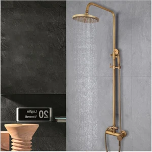 Rainfall Shower Faucet Set Antique Brass Round Head Mixer Hand Held Sprayer Tap - Picture 1 of 13