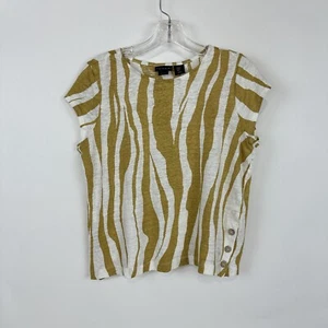 Tahari Linen Yellow White Zebra Crop Top Tee sz M Buttons Short Cap Sleeve - Picture 1 of 10