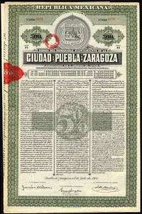 Mexico: City of Puebla de Zaragoza, 1907 Loan, 500 peso bond, with coupons - Picture 1 of 1
