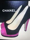CHANEL Suede Cap Toe Quilted Platform Pumps Heels Shoes Fuchsia Black $1095