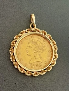 Genuine $10 US 1893 LIBERTY GOLD COIN 22k & 14k Yellow Gold Bezel Pendant (PB346 - Picture 1 of 6
