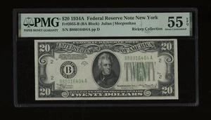 DBR 1934-A $20 FRN New York Fr. 2055-B PMG 55 EPQ Serial B88016404A - Picture 1 of 2