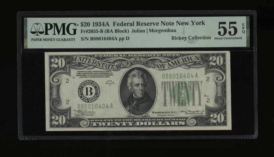 DBR 1934-A $20 FRN New York Fr. 2055-B PMG 55 EPQ Serial B88016404A - Image 1 of 2