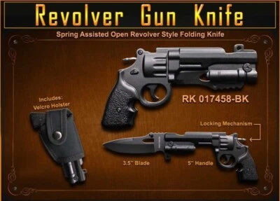 R-TEK 8" Tactical Spring Open Assisted Pocket Knife Black Revolver Gun W/ Holster