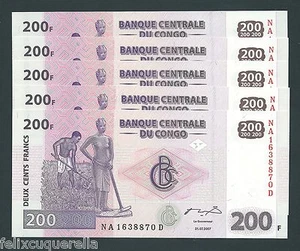 F.C. CONGO DEM. REPUBLIC , LOTE 5 UNIDADES 200 FRANCOS 2007 , S/C ( UNC ) , P.99 - Imagen 1 de 1