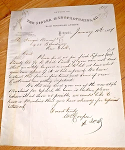 1867 SINGER SEWING MANUFACTURING lettera/ordine 60 Woodward Avenue DETROIT MI - Foto 1 di 4