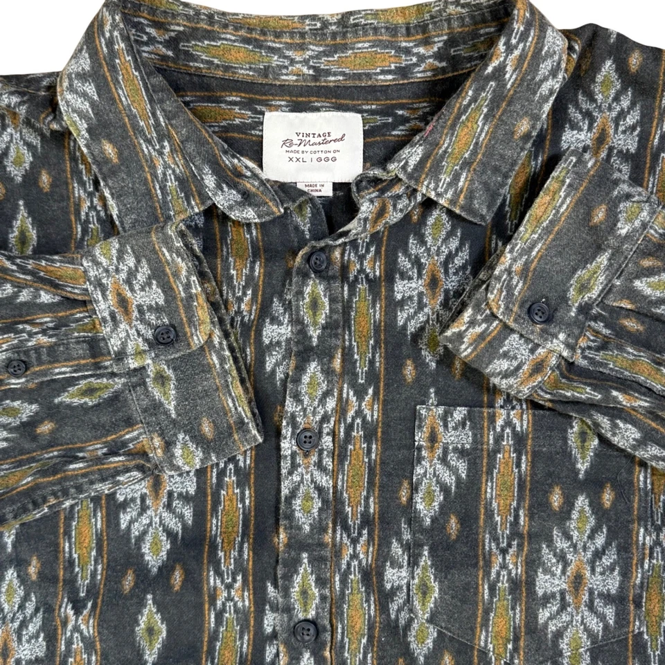 Camisa de algodón vintage remasterizada manga larga con botones estampado Ikat azteca XXL Foto 1 de 4