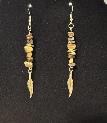 Boho Dangle Earrings With Tigers Eye Chips And A Feather Charm - Image 1 of 4