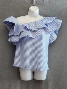 Women's Main Strip Blue & White Stripe Off The Shoulder Ruffle Top Size M Preppy - Picture 1 of 6