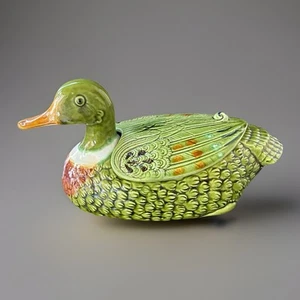 Boîte Canard En Barbotine Céramique Zoomorphe Vintage Années 60 Col Vert - Picture 1 of 10