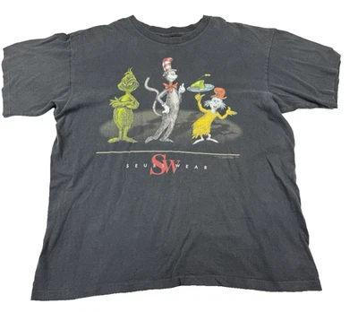 Vintage Dr Seuss Shirt Men's Size Large Black 1990s Seuss Wear Grinch Cat Hat - Image 1 of 4