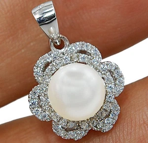 Fresh Water Pearl & White Topaz 925 Sterling Silver Pendant Jewelry AT8 - Picture 1 of 2