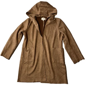 Hyfve Longline Faux Suede Open Front Hooded Cardigan Size L Tan Brown Duster - Picture 1 of 7