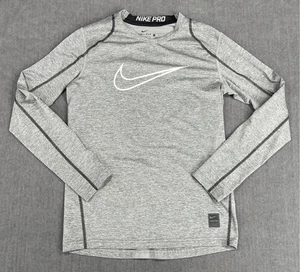Nike Pro Dri Fit Shirt Boys L Gray Long Sleeve Fitted Athletic Training Top - Picture 1 of 8