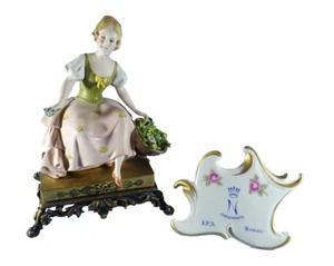 Capodimonte Triade Benacchio Figure Lady With Flower Basket On A Brass Base - Picture 1 of 12